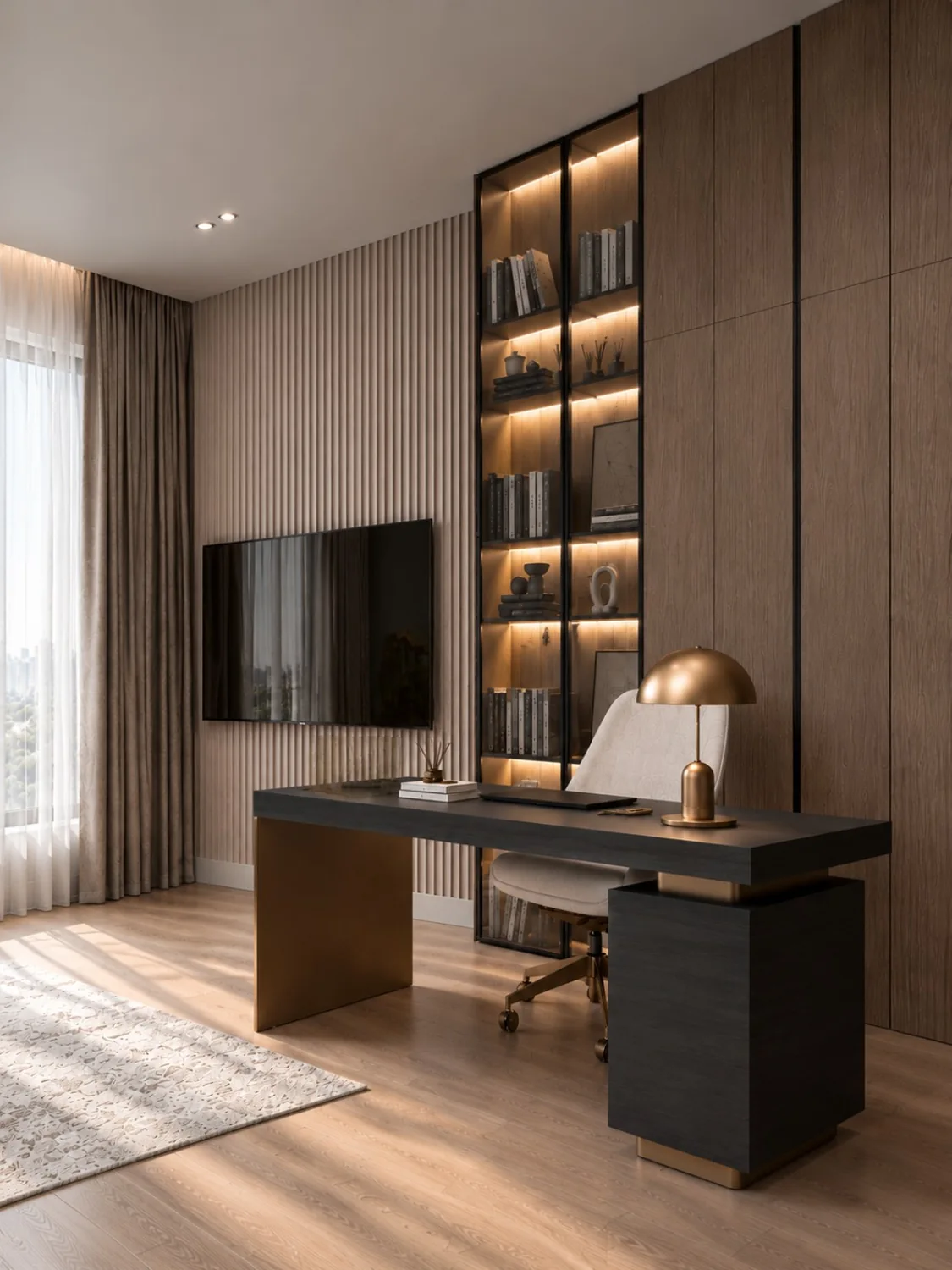 Дизайн двухуровневой квартиры в Санкт-Петербурге, 189 м² — письменный стол у окна в современном домашнем кабинете