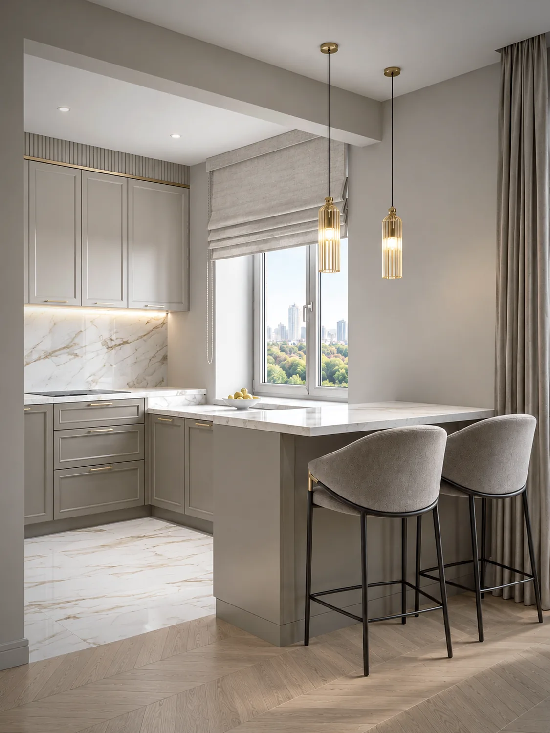 Дизайн двухуровневой квартиры в Санкт-Петербурге, 189 м² — кухня с барной стойкой у окна и двумя стульями